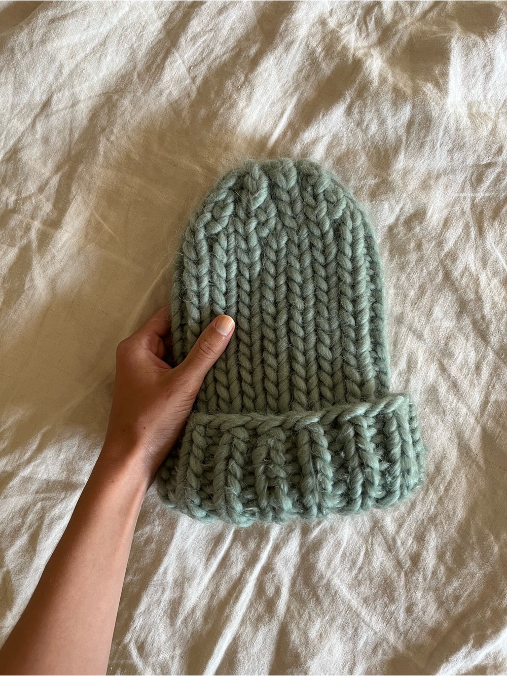 Chunky Hand-Knit Beanie in Sage Mint Green
